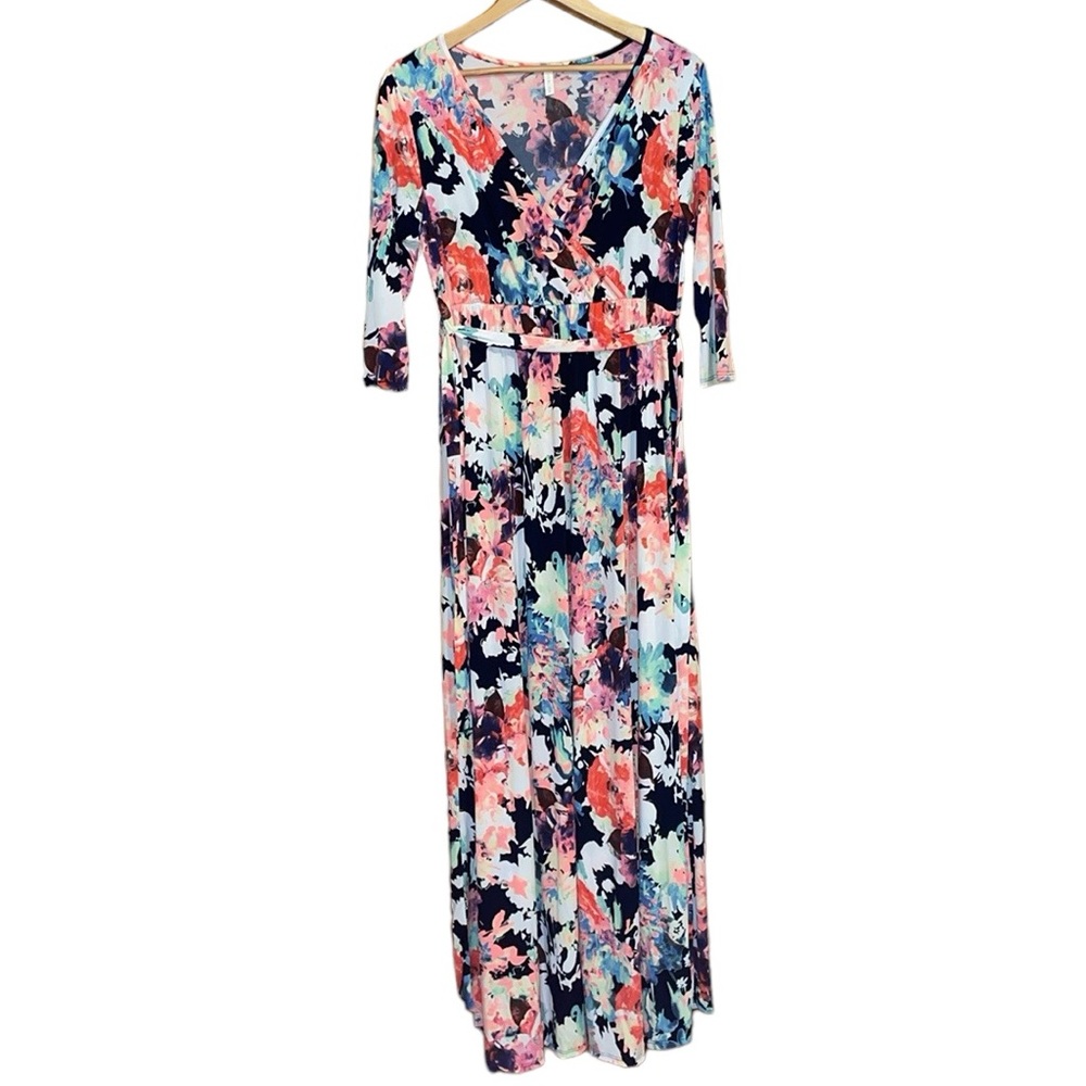 •PINK BLUSH•COLORFUL FLORAL V NECK 3/4 SLEEVE TRUE MAXI DRESS WITH SASH SIZE XL
